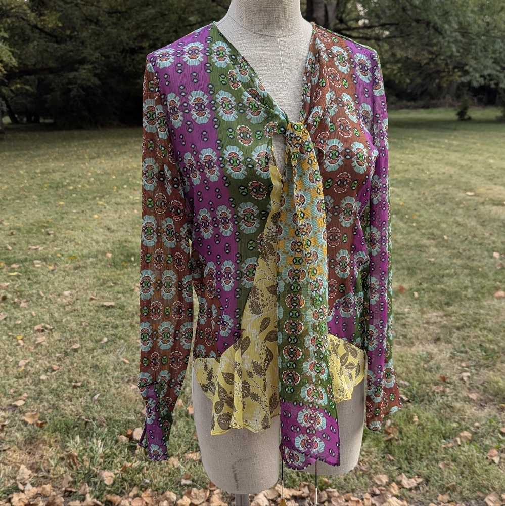 NWT Zara Boho Semi Sheer Multi Pattern Blouse, sz S